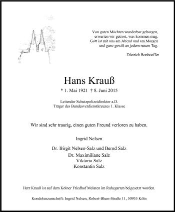 Anzeige von Hans Krauß von Kölner Stadt-Anzeiger / Kölnische Rundschau / Express