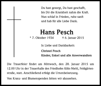 Anzeige von Hans Pesch von Kölner Stadt-Anzeiger / Kölnische Rundschau / Express