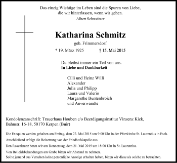 Anzeige von Katharina Schmitz von Kölner Stadt-Anzeiger / Kölnische Rundschau / Express