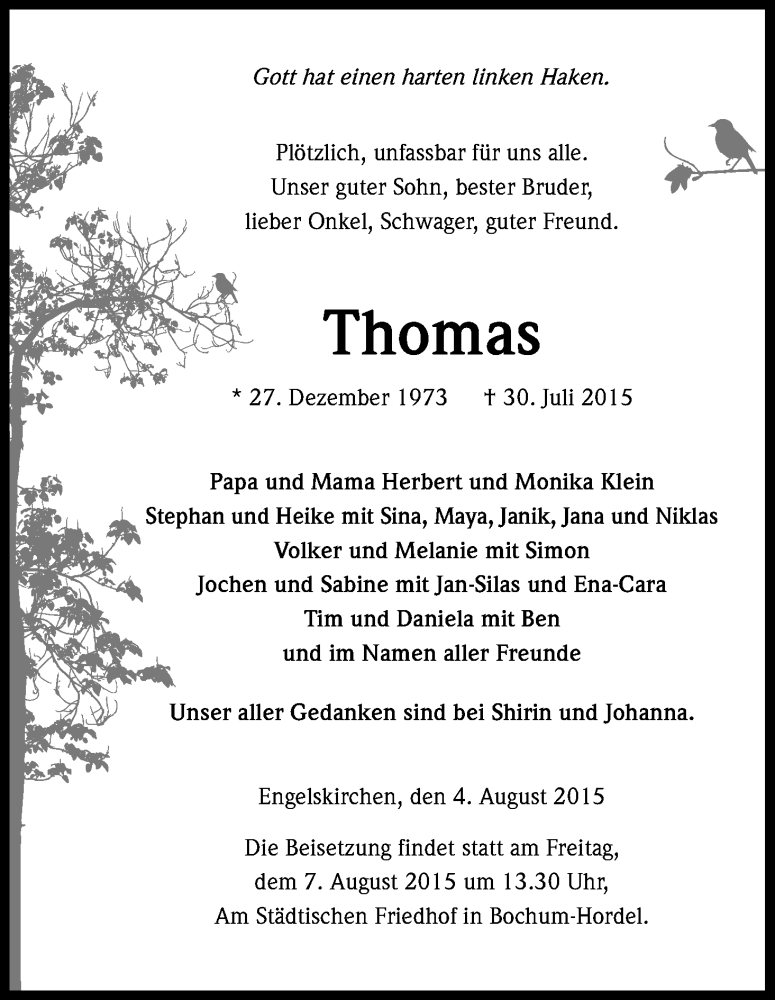  Traueranzeige für Thomas  vom 06.08.2015 aus Kölner Stadt-Anzeiger / Kölnische Rundschau / Express