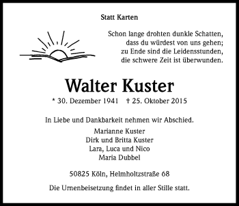 Anzeige von Walter Kuster von Kölner Stadt-Anzeiger / Kölnische Rundschau / Express