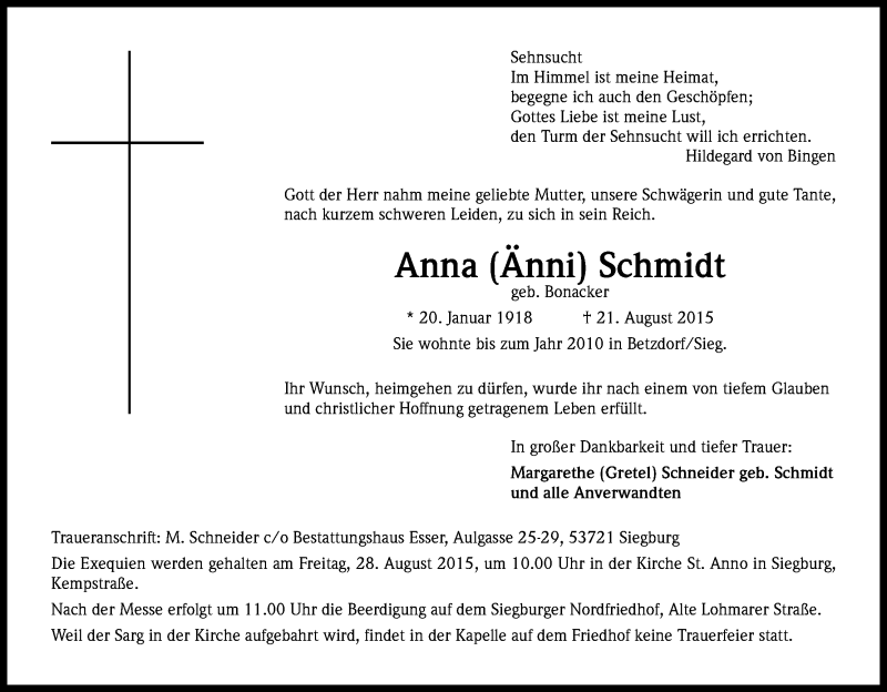  Traueranzeige für Anna  Schmidt vom 26.08.2015 aus Kölner Stadt-Anzeiger / Kölnische Rundschau / Express