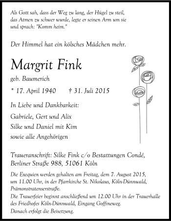 Anzeige von Margrit Fink von Kölner Stadt-Anzeiger / Kölnische Rundschau / Express