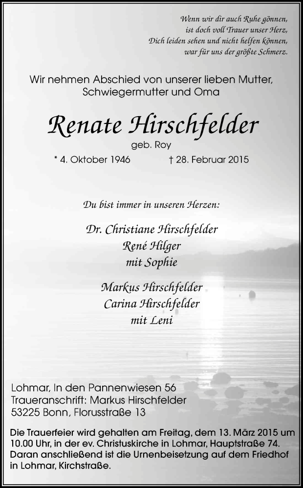  Traueranzeige für Renate Hirschfelder vom 07.03.2015 aus Kölner Stadt-Anzeiger / Kölnische Rundschau / Express