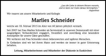 Anzeige von Marlies Schneider von Kölner Stadt-Anzeiger / Kölnische Rundschau / Express