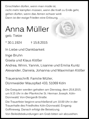Anzeige von Anna Müller von Kölner Stadt-Anzeiger / Kölnische Rundschau / Express