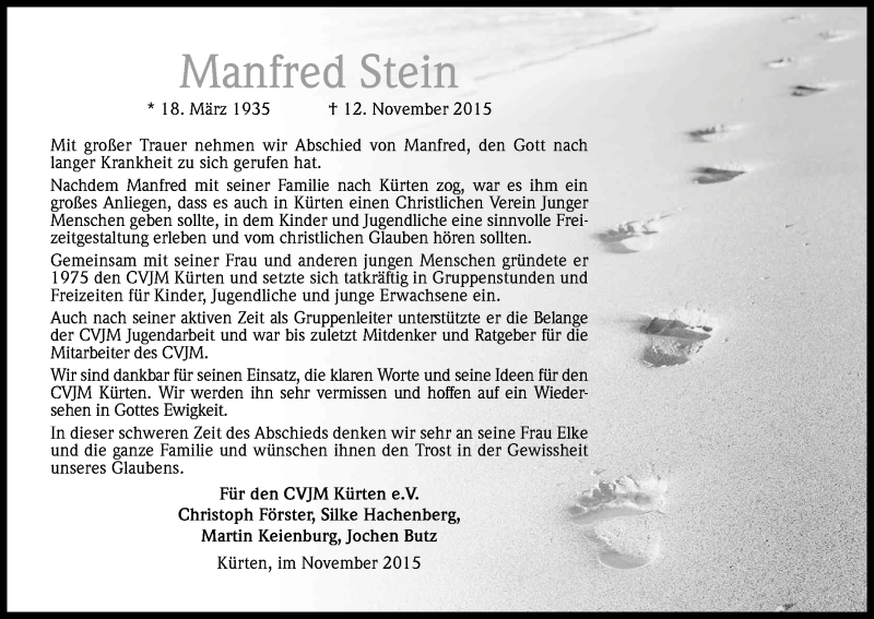  Traueranzeige für Manfred Stein vom 23.11.2015 aus Kölner Stadt-Anzeiger / Kölnische Rundschau / Express