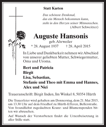 Anzeige von Auguste Hansonis von  Wochenende 