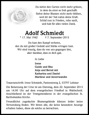 Anzeige von Adolf Schmiedt von Kölner Stadt-Anzeiger / Kölnische Rundschau / Express