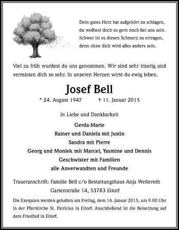Anzeige von Josef Bell von Kölner Stadt-Anzeiger / Kölnische Rundschau / Express
