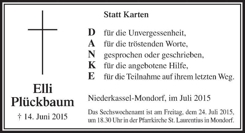  Traueranzeige für Elli Plückbaum vom 15.07.2015 aus  Extra Blatt 