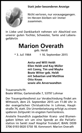 Anzeige von Marion Overath von Kölner Stadt-Anzeiger / Kölnische Rundschau / Express