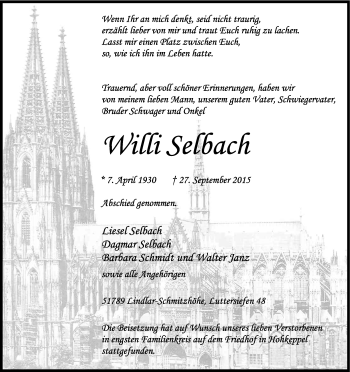 Anzeige von Willi Selbach von Kölner Stadt-Anzeiger / Kölnische Rundschau / Express
