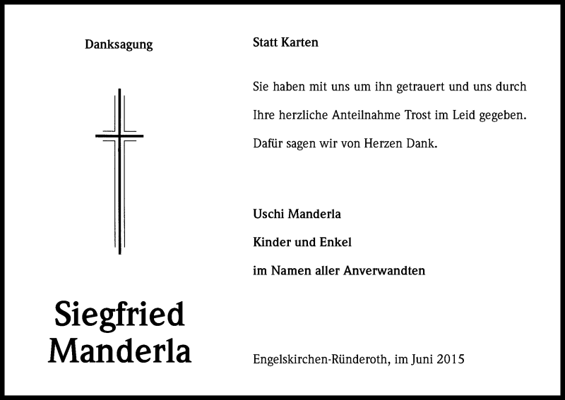  Traueranzeige für Siegfried Manderla vom 06.06.2015 aus Kölner Stadt-Anzeiger / Kölnische Rundschau / Express