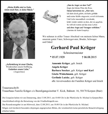 Anzeige von Gerhard Paul Krüger von Kölner Stadt-Anzeiger / Kölnische Rundschau / Express