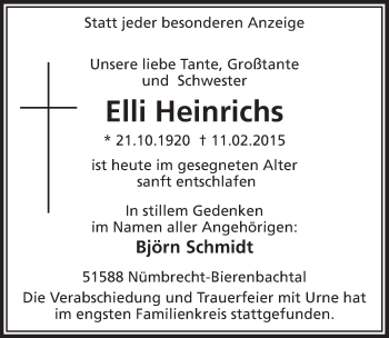 Anzeige von Elli Heinrichs von  Lokalanzeiger 