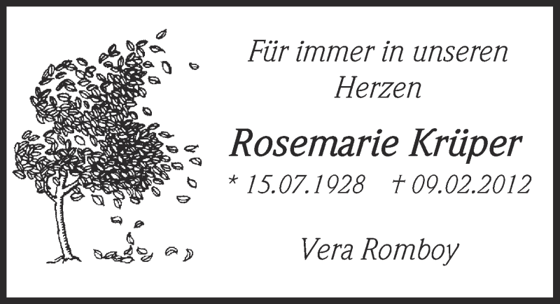  Traueranzeige für Rosemarie Krüper vom 15.07.2015 aus  Kölner Wochenspiegel 