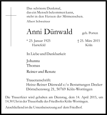 Anzeige von Anni Dünwald von Kölner Stadt-Anzeiger / Kölnische Rundschau / Express
