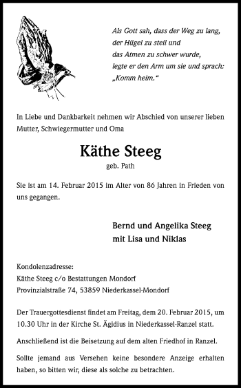 Anzeige von Käthe Steeg von Kölner Stadt-Anzeiger / Kölnische Rundschau / Express