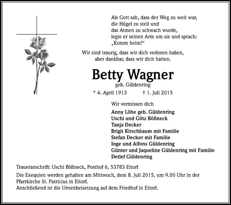  Traueranzeige für Betty Wagner vom 04.07.2015 aus Kölner Stadt-Anzeiger / Kölnische Rundschau / Express