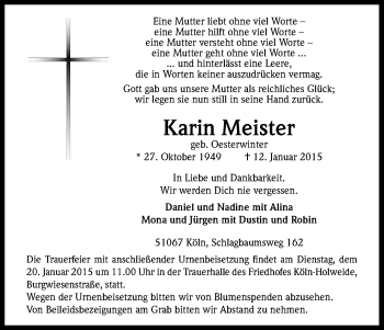 Anzeige von Karin Meister von Kölner Stadt-Anzeiger / Kölnische Rundschau / Express
