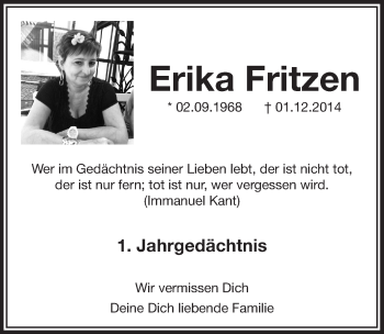 Anzeige von Erika Fritzen von  Bergisches Handelsblatt 