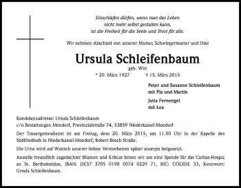 Anzeige von Ursula Schleifenbaum von Kölner Stadt-Anzeiger / Kölnische Rundschau / Express