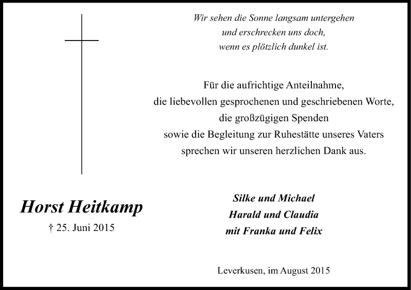  Traueranzeige für Horst Heitkamp vom 15.08.2015 aus Kölner Stadt-Anzeiger / Kölnische Rundschau / Express