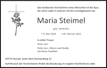 Anzeige von Maria Steimel von Kölner Stadt-Anzeiger / Kölnische Rundschau / Express