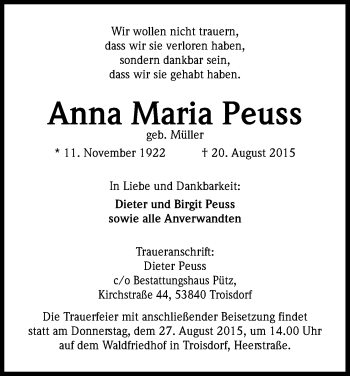 Anzeige von Anna Maria Peuss von Kölner Stadt-Anzeiger / Kölnische Rundschau / Express