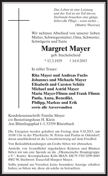 Anzeige von Margret Mayer von  Schaufenster/Blickpunkt 