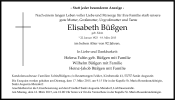 Anzeige von Elisabeth Büßgen von Kölner Stadt-Anzeiger / Kölnische Rundschau / Express