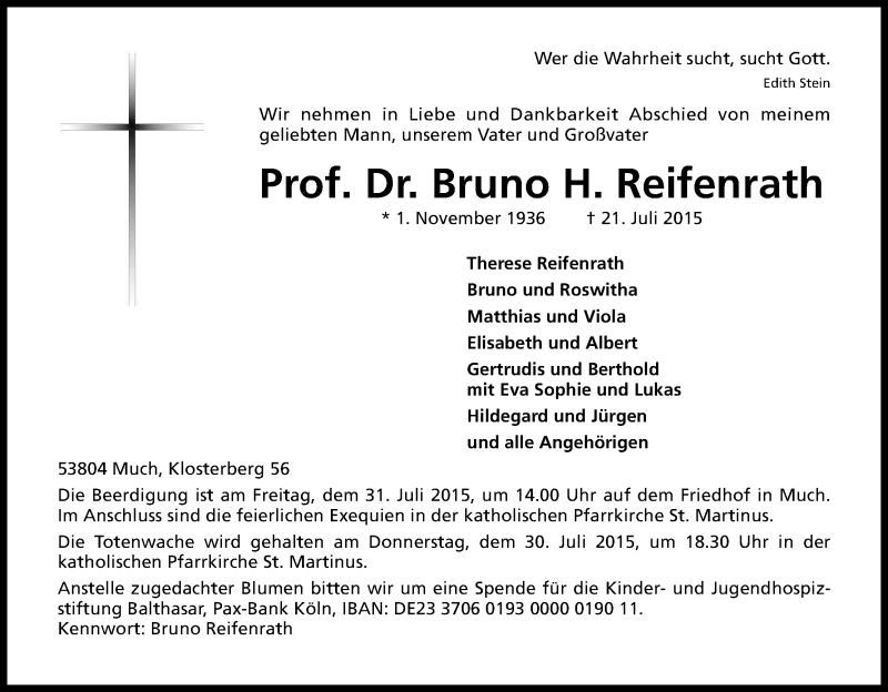  Traueranzeige für Bruno H. Reifenrath vom 25.07.2015 aus Kölner Stadt-Anzeiger / Kölnische Rundschau / Express