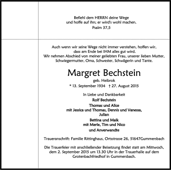 Anzeige von Margret Bechstein von Kölner Stadt-Anzeiger / Kölnische Rundschau / Express