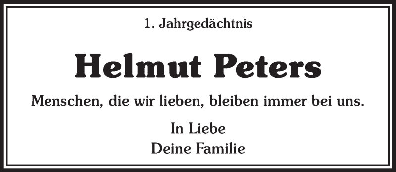  Traueranzeige für Helmut Peters vom 24.01.2015 aus  Bergisches Sonntagsblatt 