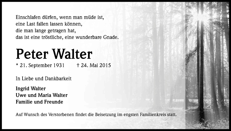  Traueranzeige für Peter Walter vom 30.05.2015 aus Kölner Stadt-Anzeiger / Kölnische Rundschau / Express