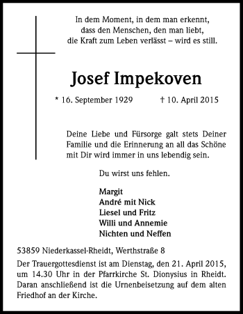 Anzeige von Josef Impekoven von Kölner Stadt-Anzeiger / Kölnische Rundschau / Express