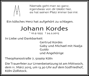 Anzeige von Johann Kordes von Kölner Stadt-Anzeiger / Kölnische Rundschau / Express