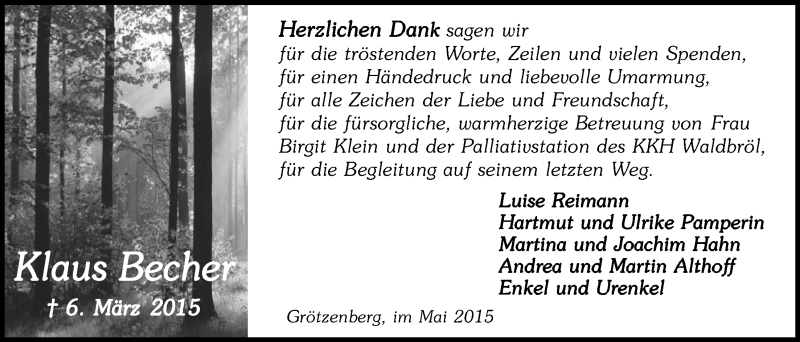  Traueranzeige für Klaus Becher vom 20.05.2015 aus  Lokalanzeiger 