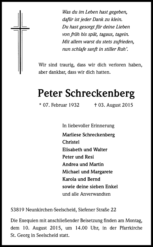  Traueranzeige für Peter Schreckenberg vom 06.08.2015 aus Kölner Stadt-Anzeiger / Kölnische Rundschau / Express