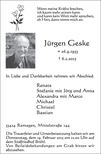 Anzeige von Jürgen Geske von  Schlossbote/Werbekurier 