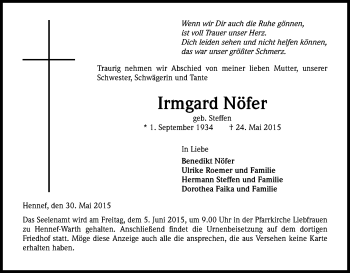 Anzeige von Irmgard Nöfer von Kölner Stadt-Anzeiger / Kölnische Rundschau / Express