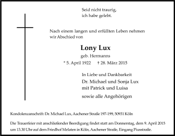 Anzeige von Lony Lux von Kölner Stadt-Anzeiger / Kölnische Rundschau / Express