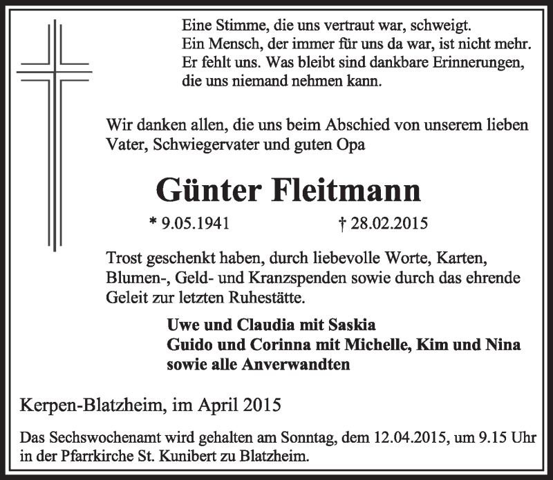  Traueranzeige für Günter Fleitmann vom 04.04.2015 aus  Sonntags-Post 