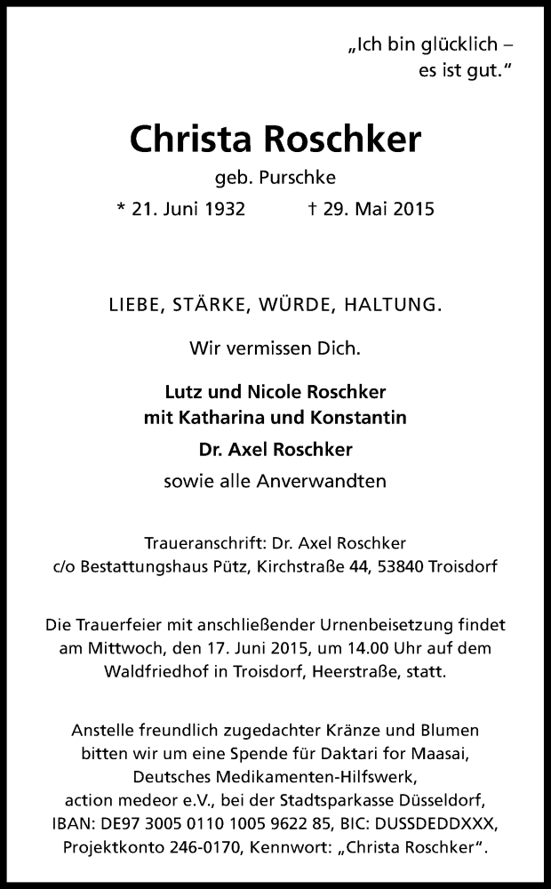  Traueranzeige für Christa Roschker vom 06.06.2015 aus Kölner Stadt-Anzeiger / Kölnische Rundschau / Express