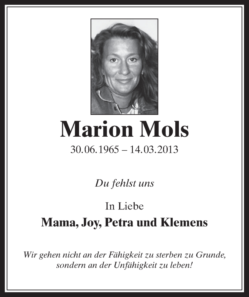  Traueranzeige für Marion Mols vom 11.03.2015 aus  Werbepost 