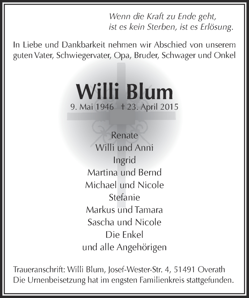  Traueranzeige für Willi Blum vom 06.05.2015 aus  Bergisches Handelsblatt 