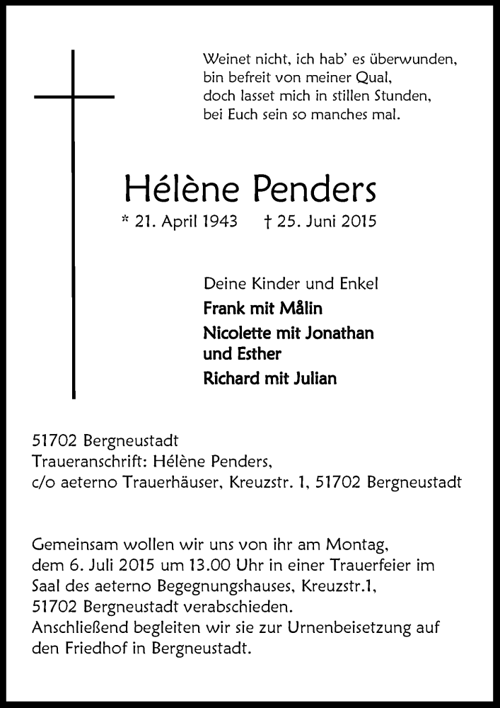  Traueranzeige für Helene Penders vom 01.07.2015 aus  Anzeigen Echo 
