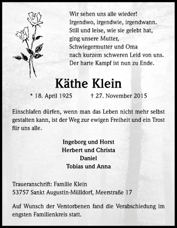 Anzeige von Käthe Klein von Kölner Stadt-Anzeiger / Kölnische Rundschau / Express