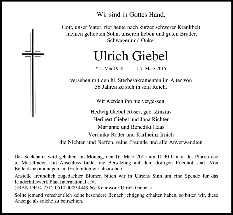  Traueranzeige für Ulrich Giebel vom 11.03.2015 aus Kölner Stadt-Anzeiger / Kölnische Rundschau / Express
